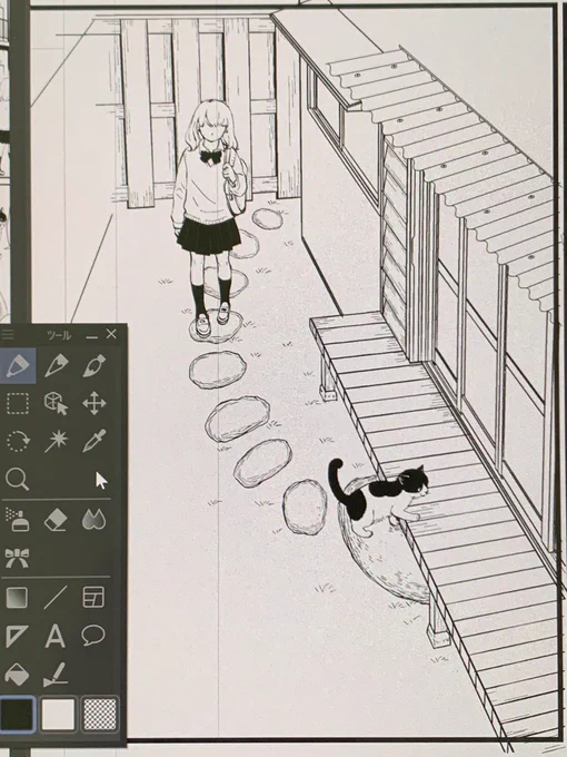 息子が描いてくれている背景。主人公が住んでいるアパートの和室関連はほぼお願いしています。波板屋根、ゆらゆら線を描けるツールを使いつつ綺麗に仕上げてくれてます✨ 