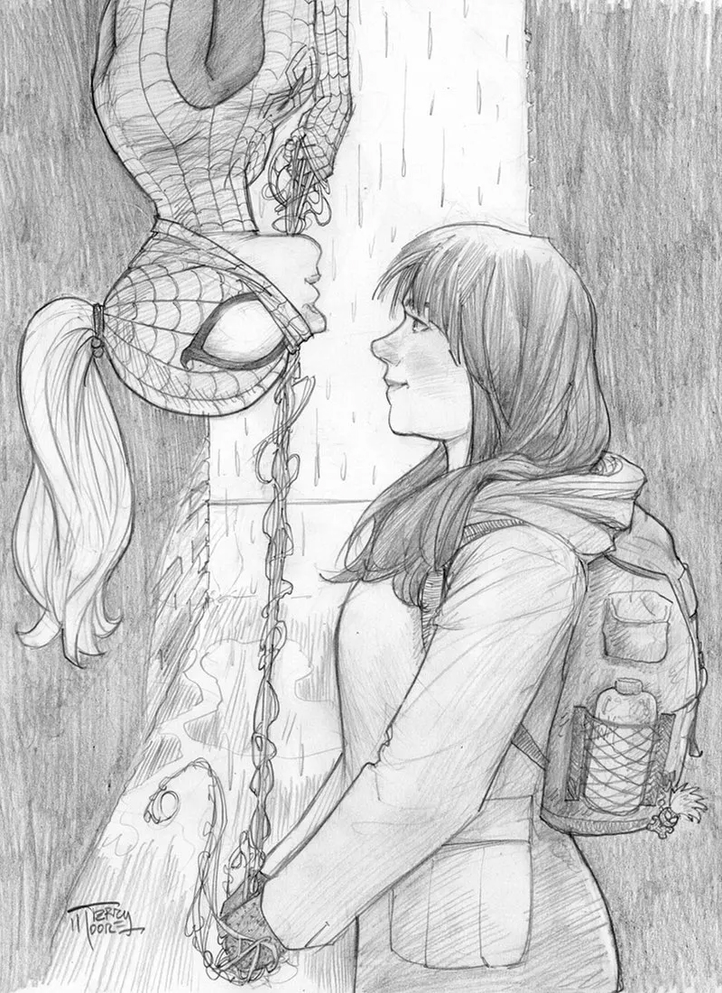 M00NLIGHTSTUDI0's tweet photo. A Theme. @TerryMooreArt's crew always has had a thing for the #webslinger they could give #PeterParker and #Maryjane a run for their money. #StrangersInParadise #Katchoo #SpiderMan #KatchooAndFrancine #SiP #TerryMoore #Sketch 1/2 https://t.co/JK6d6BpLij