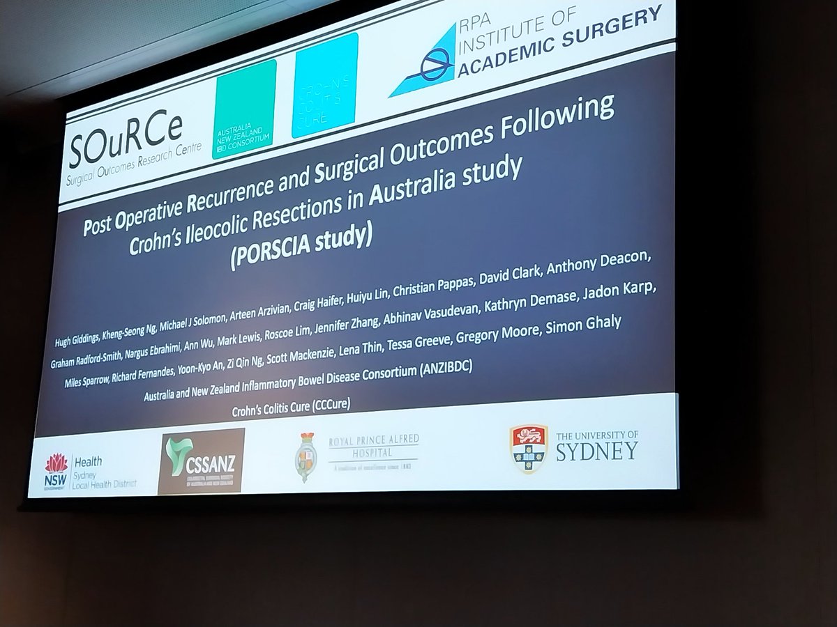 ANZIBDC's tweet image. Thanks Dr Hugh Giddings for presenting the results of the PORSCIA study looking at Post operative recurrence and outcomes following Crohn's ileocolic resection. Great collaborative study across Australia.
