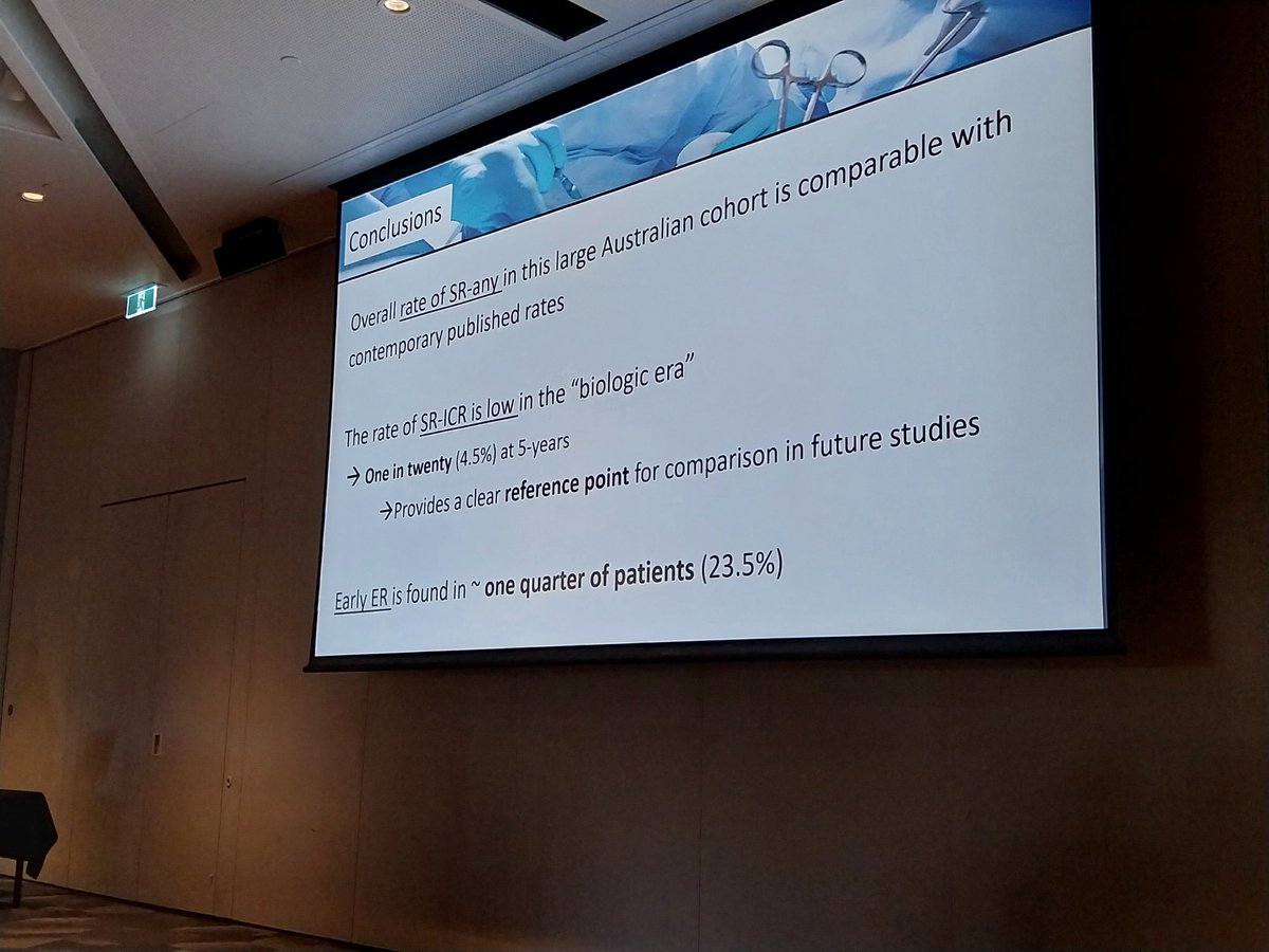 ANZIBDC's tweet image. Thanks Dr Hugh Giddings for presenting the results of the PORSCIA study looking at Post operative recurrence and outcomes following Crohn's ileocolic resection. Great collaborative study across Australia.