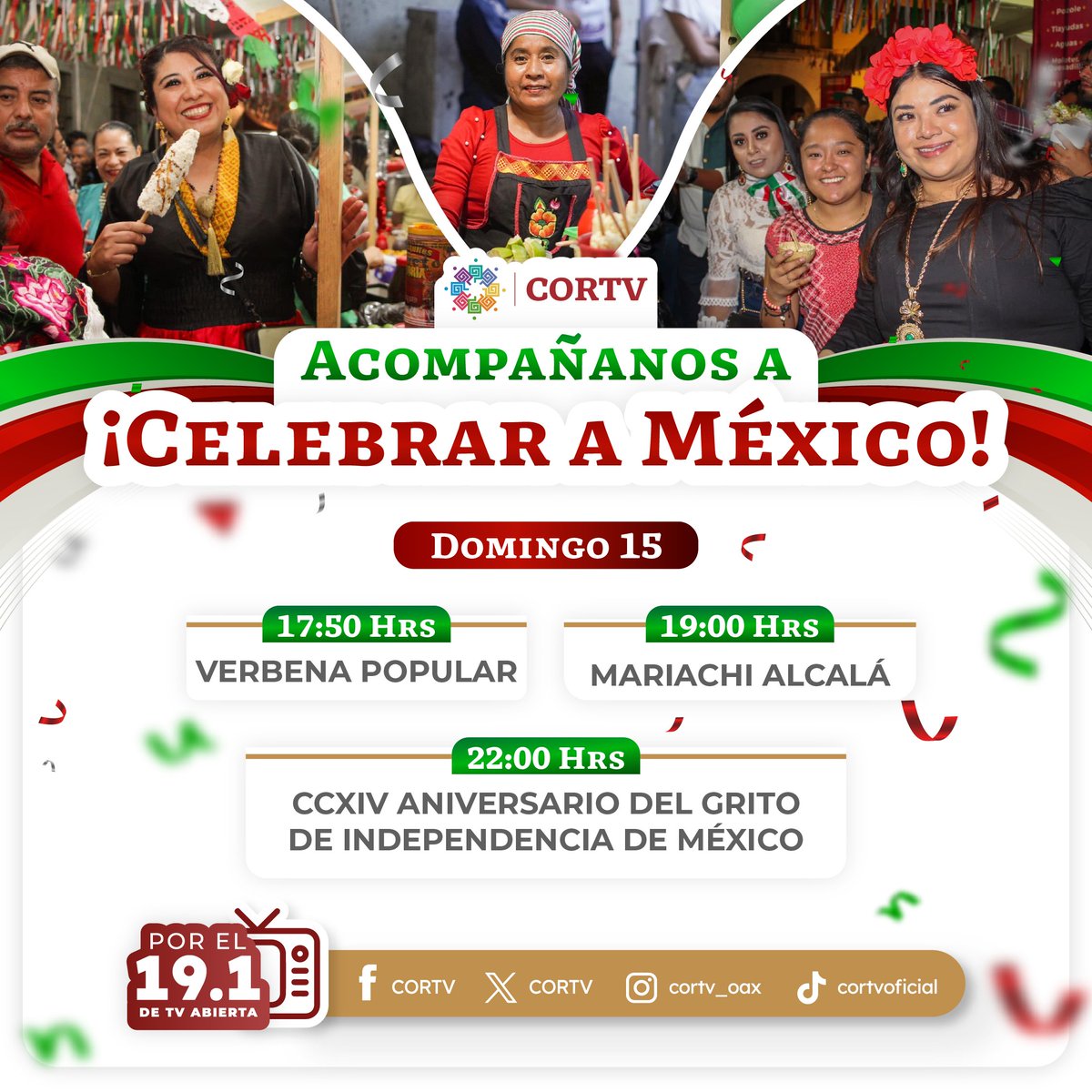 🇲🇽 ¡𝗖𝗲𝗹𝗲𝗯𝗿𝗲𝗺𝗼𝘀 𝗮 𝗠𝗲́𝘅𝗶𝗰𝗼! 🥳

𝗦𝗲́ 𝗽𝗮𝗿𝘁𝗲 𝗱𝗲 𝗹𝗮𝘀 𝗳𝗶𝗲𝘀𝘁𝗮𝘀 𝗽𝗮𝘁𝗿𝗶𝗮𝘀 y disfruta de nuestras transmisiones especiales, este domingo 15 de septiembre. 😉

🗓️ Sintoniza el canal 19.1 de TV abierta a partir de las 17:50 h.

#CORTV #FiestasPatrias