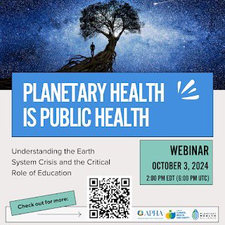 Our planet's health is in crisis, and so is ours. Join us for a webinar co-hosted by @PH_Alliance &amp; <a href="/PublicHealth/">APHA</a>. 

Learn how a transdisciplinary approach can address the links between ecological systems &amp; #HumanHealth. 

✨Register: planetaryhealthalliance.org/pha-apha-webin…

#PlanetaryHealth