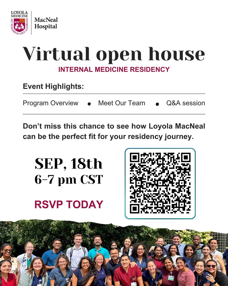 Loyola - MacNeal Internal Medicine Residency (@macnealimrp) on Twitter photo ๐จ โผ๏ธWeโre thrilled to invite you to our virtual open house! This year, weโre hosting two separate events. Be sure to register now; we canโt wait to connect with you!
#Match2025 #MedTwitter #MS4 #residencymatch #InternalMedicine #Medstudent
<a href="/Inside_TheMatch/">Inside The Match</a> <a href="/StoriesImg/">IMG_stories</a> ๐จ โผ๏ธWeโre thrilled to invite you to our virtual open house! This year, weโre hosting two separate events. Be sure to register now; we canโt wait to connect with you!
#Match2025 #MedTwitter #MS4 #residencymatch #InternalMedicine #Medstudent
<a href="/Inside_TheMatch/">Inside The Match</a> <a href="/StoriesImg/">IMG_stories</a>