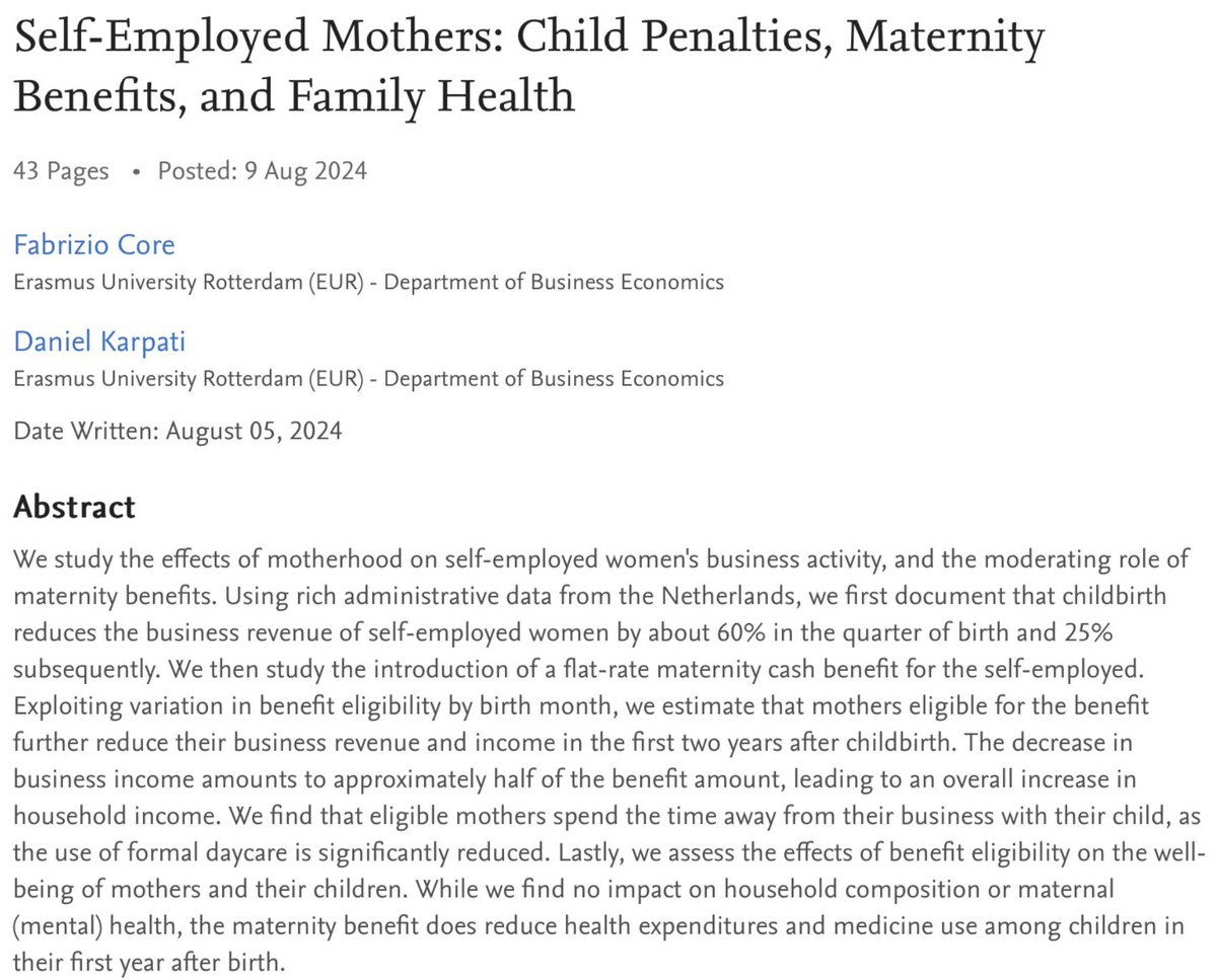 WEFI (@workshopefi) on Twitter photo 📢The 1st Fall WEFI <a href="/workshopefi/">WEFI</a> seminar is Sept. 23rd @ 12pm ET
Daniel Karpati (ESE Rotterdam) presents "Self-Employed Mothers: Child Penalties, Maternity Benefits, and Family Health." w/ <a href="/Fabercore/">Fabrizio Core</a>
Elena Simintzi (<a href="/kenanflagler/">UNC Kenan-Flagler</a>) discusses
Register: bit.ly/wefiF2024_1 📢The 1st Fall WEFI <a href="/workshopefi/">WEFI</a> seminar is Sept. 23rd @ 12pm ET
Daniel Karpati (ESE Rotterdam) presents "Self-Employed Mothers: Child Penalties, Maternity Benefits, and Family Health." w/ <a href="/Fabercore/">Fabrizio Core</a>
Elena Simintzi (<a href="/kenanflagler/">UNC Kenan-Flagler</a>) discusses
Register: bit.ly/wefiF2024_1