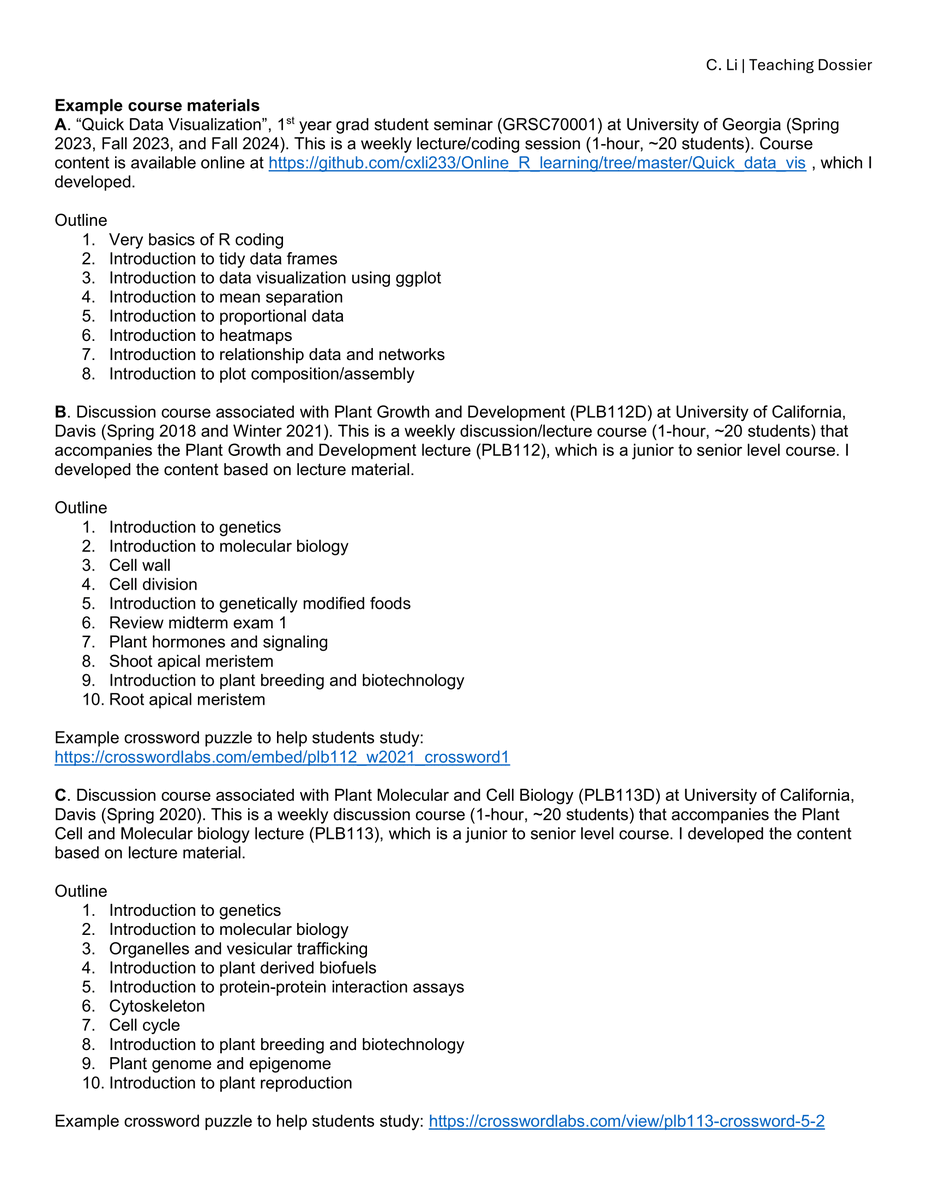 I was putting together a teaching dossier for a position. It asks for example course material, so I typed it up. I was (still am) actually proud of them. You can find the content for "Quick data vis" on my GitHub: github.com/cxli233/Online…; I'm teaching it again this semester.