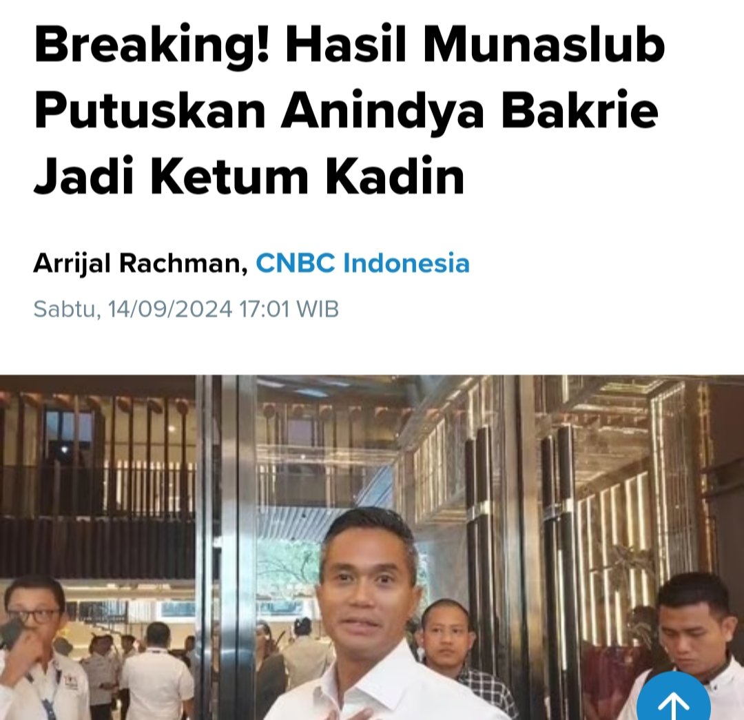 Kudeta Ketua Kadin ini jelas langgar AD/ART. 

Kalau kata Tempo, ini racikan terkini Mas Mulyono agar Aburizal Bakrie sbg Ketua Dewan Pembina Golkar ijinkan Gibran masuk jd petinggi Golkar. 

Imbalannya Anindya jadi Ketum Kadin.