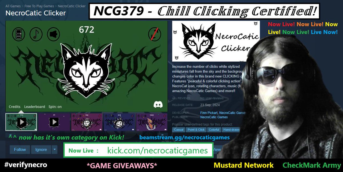 necrocatic's tweet photo. NCG379 - ℂ𝕙𝕚𝕝𝕝 ℂ𝕝𝕚𝕔𝕜𝕚𝕟𝕘 ℂ𝕖𝕣𝕥𝕚𝕗𝕚𝕖𝕕!

Kick :  https://t.co/Rpw6Sb1oZR
Beamstream : https://t.co/rEZ4MEUtFS

GAME GIVEAWAY and "NecroCatic Clicker" now category on Kick!

#livenow #Kickstreaming https://t.co/vbTpWUqz0b