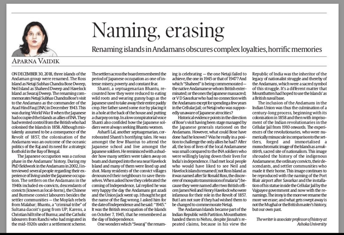 Renaming of Port Blair as 'Sri Vijaya Puram' is a classic case of decolonisation being used as a foil for 'cartographic majoritarianism'. Re-sharing my Indian Express Op-ed on renaming of three Islands of the Andaman group - Ross, Neil &amp; Havelock. #Andamans