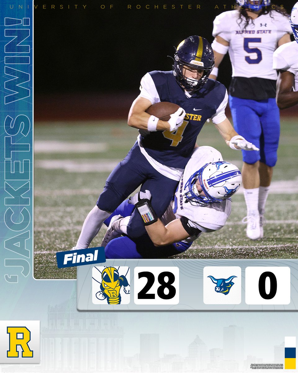 Rochester Athletics (@uofrathletics) on Twitter photo FINAL! <a href="/UofRFootball/">Rochester Football</a> blanks host Alfred State to move to 2-0 to start the season! The shutout is UR's first since 2015. Both Papantonis brothers score a TD, along with Adelmann and Zheng on short runs, with Rose passing for over 200 yards!
#GoJackets // #d3fb FINAL! <a href="/UofRFootball/">Rochester Football</a> blanks host Alfred State to move to 2-0 to start the season! The shutout is UR's first since 2015. Both Papantonis brothers score a TD, along with Adelmann and Zheng on short runs, with Rose passing for over 200 yards!
#GoJackets // #d3fb