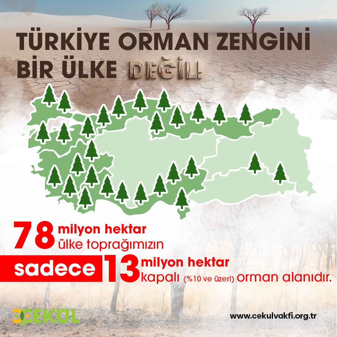 İklim değişikliğinden en fazla etkilenen Akdeniz Havzasının bir ülkesi olarak orman varlığı açısından zengin değiliz. 78 milyon hektar ülke toprağının üzerinde %10 ve daha yüksek oranda ağaç örtüsü bulunan orman alanı sadece 13 milyon hektar.

cekulvakfi.org.tr/makale/ormanla…