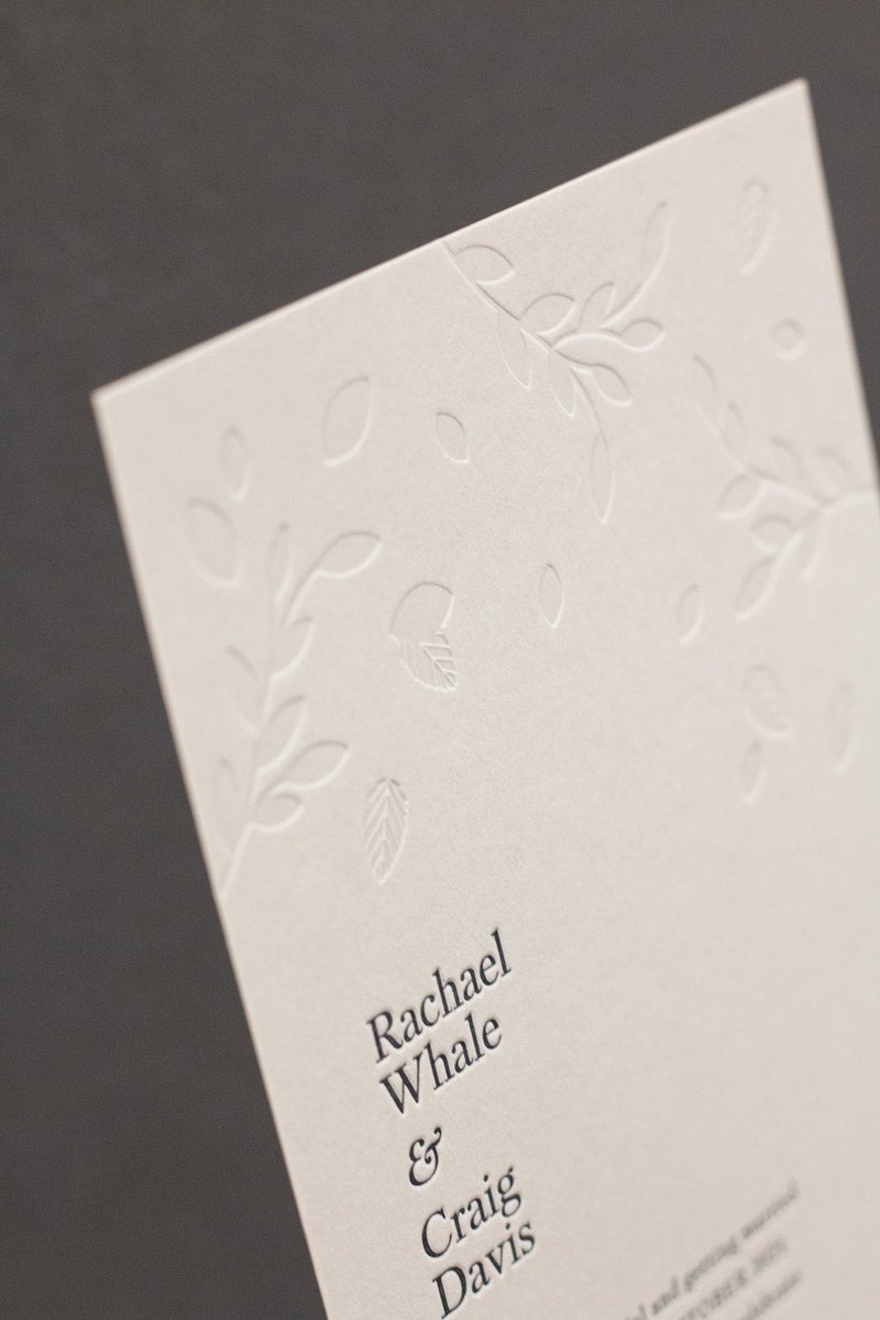 Grey #letterpress ink and blind deboss #wedding #invitations on 540gsm <a href="/colorplanpapers/">GF Smith Colorplan</a> Mist. When used plain with a super crisp impression, the choice of paper colour becomes part of the design.
Design by Rachael Whale.