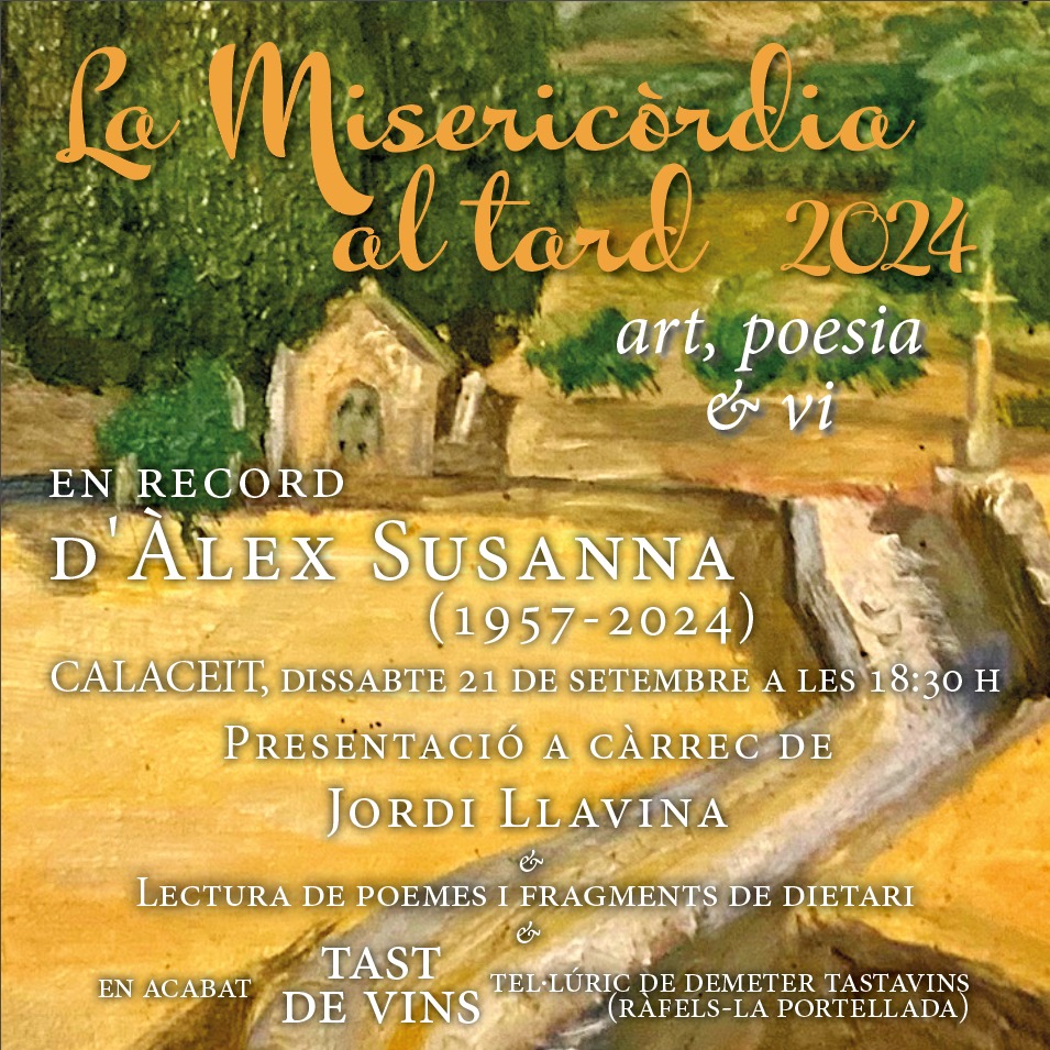 biel_ferrer's tweet photo. @joansafont @VilaWeb A #Calaceit (Franja Catalana de l'Aragó), literatura catalana:
4a Edició de la Misericòrdia al tard.
Enguany, en record del poeta Àlex Susanna (1957-2024), amb #JordiLlavina.
Capella de la Misericòrdia de Calaceit, 21 de setembre de 2024. https://t.co/3iD1IMnd77