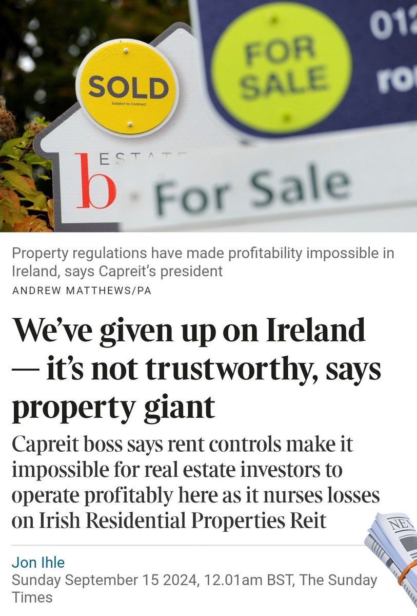 caulmick's tweet photo. We've given up on Ireland -- it's not trustworthy, says property giant

 #Capreit boss says rent controls make it impossible for real estate investors to operate profitably here as it nurses losses on Irish Residential Properties Reit
- Jon Ihle 

#InvestmentFunds #HousingCrisis #HowIrelandWorks 

https://t.co/BKeRcvlpVP