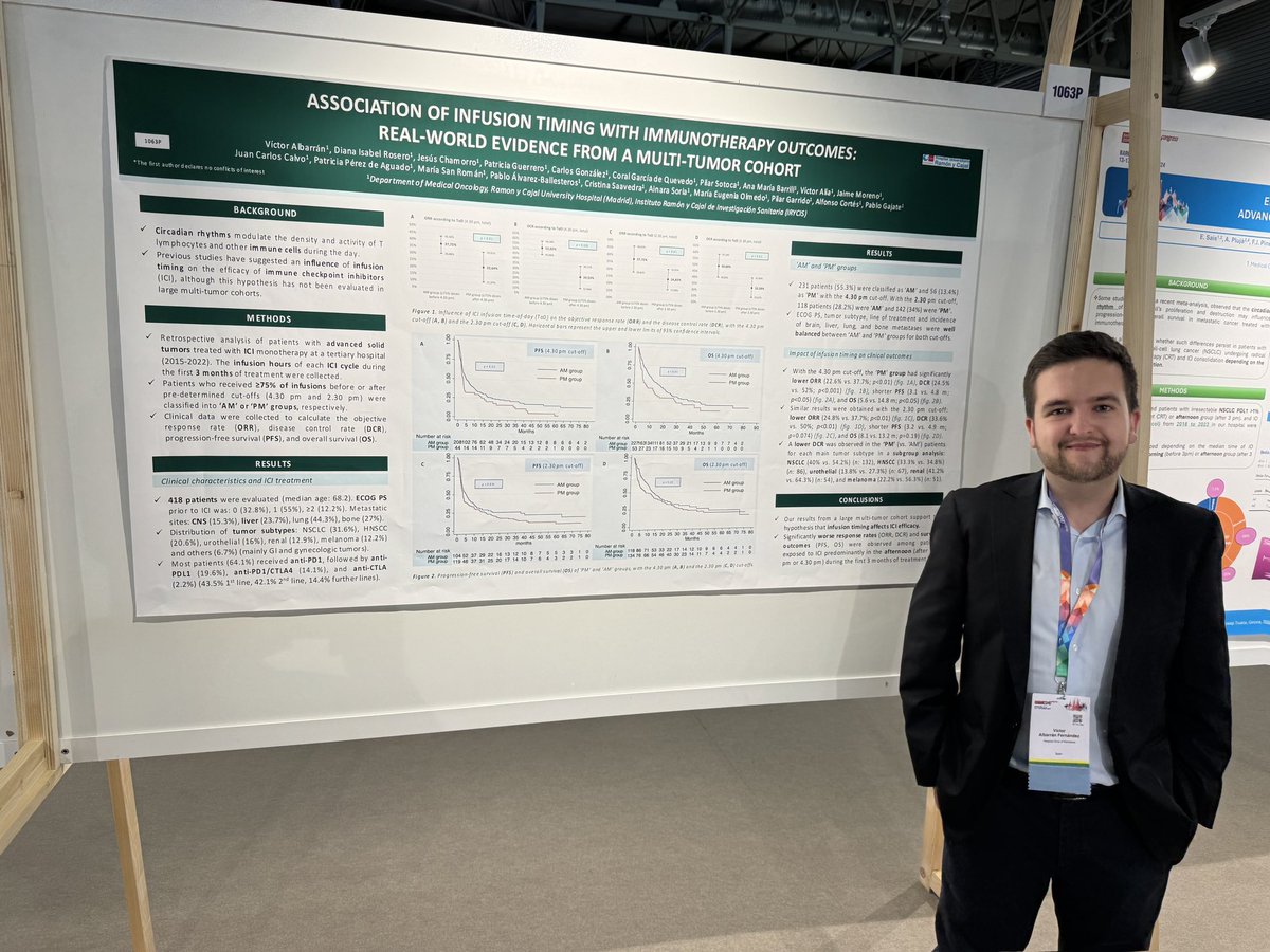 Vic_albarran's tweet image. Our work at #ESMO2024 showing the impact of infusion timing on #Immunotherapy outcomes. In a multi-tumor cohort of &amp;gt;400 pts treated with ICB, significantly better ORR, PFS and overall survival for those with earlier infusion times ⏰