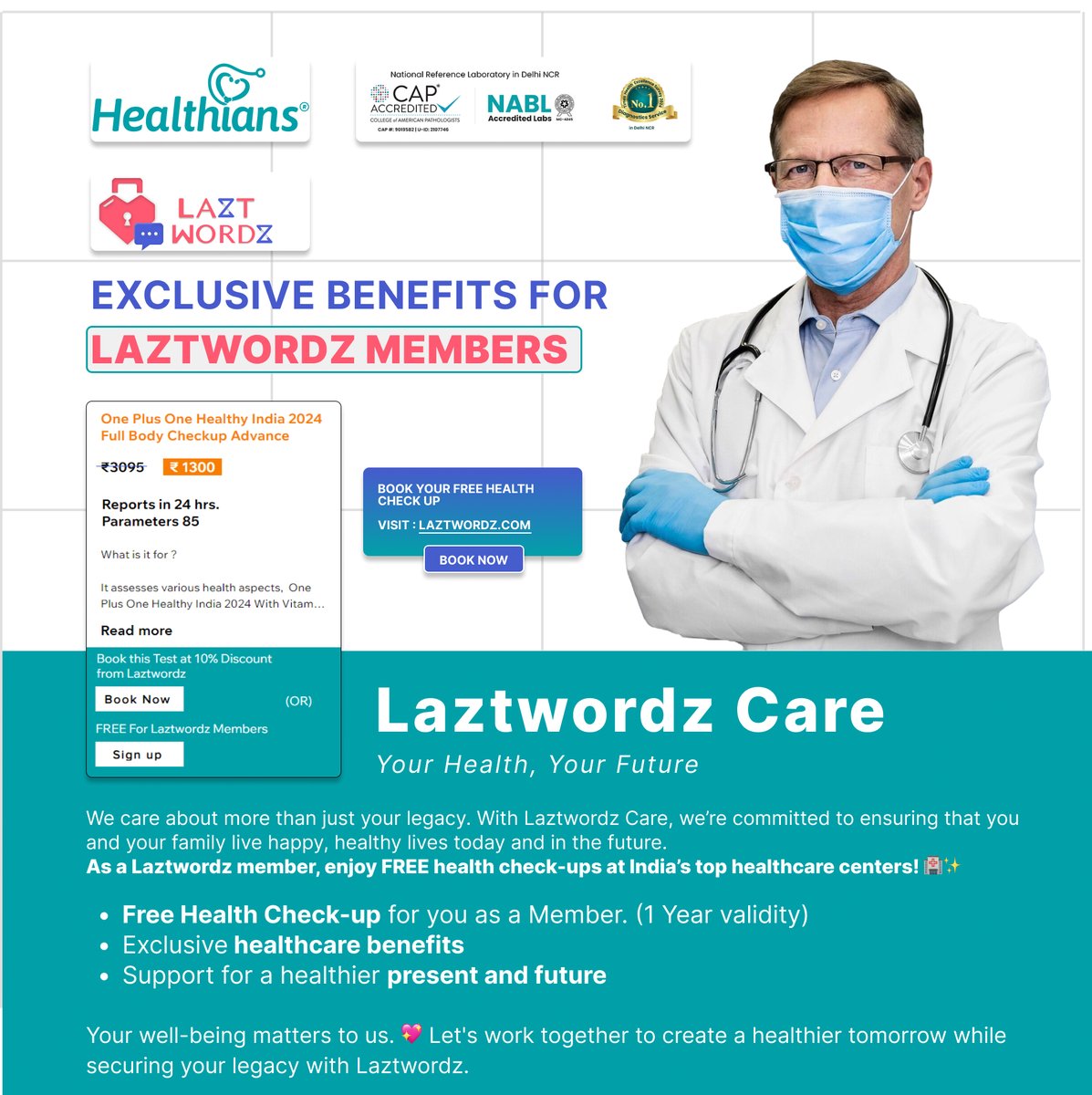 LaztwordzTech's tweet photo. Exclusive benefits for Laztwordz Members:

Avail FREE HEALTH CHECK-UP from Healthains Lab (NABL CERTIFIED LAB)

➡️Free sample collection from your home
➡️Report in 24 Hours
➡️250+ Cities
➡️Free report counseling

Become a member of Laztwordz today:https://t.co/UywNpPJrwr

#Family https://t.co/L2L1Sy9OTj