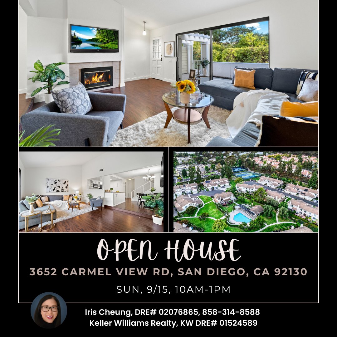🚩Open House: Sun, 9/15, 10AM-1PM
3652 Carmel View Road, San Diego, CA 92130

Wonderful opportunity to live in the Coral Cove community in Carmel Valley! 

Stop by and see this beautiful 3-bedroom, 2.5-bathroom townhome with an attached 2-car garage.