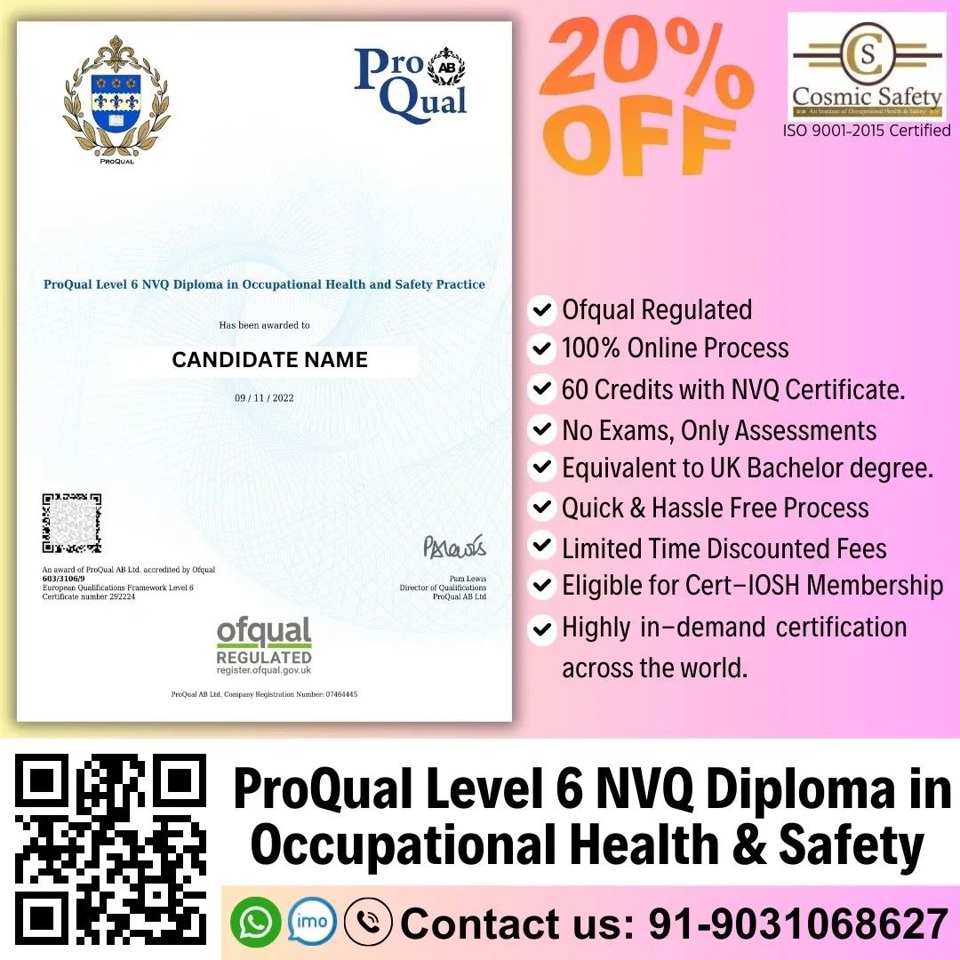 CosmicSafety's tweet photo. *Cosmic Safety Pvt Ltd* offers *ProQual Level 6 NVQ Diploma in Occupational Health and Safety Practice*
📷Reason to Join📷
📷Globally recognised UK Certification.
📷Eligible for Cert-IOSH Membership.
📷 CSP Eligibility
📷100% Online Process https://t.co/oTPifLOS9n