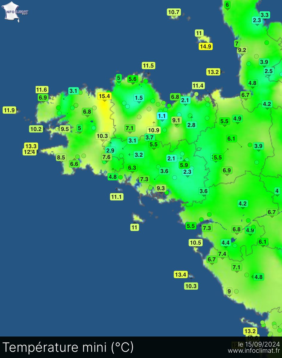 Temps_Breton's tweet photo. 🌡️🥶 Nuit de samedi à dimanche froide pour la saison
Minimales (°C) :
🔹 1,1 à Plœuc-l’Hermitage
🔹 1,3 à Brennilis
🔹 1,4 à Ploërdu
🔹 1,5 à Grâces-Guingamp
🔹 2,1 à Quintenic
🔹 2,1 à Taupont
🔹 2,3 à Pleucadeuc
🔹 2,6 à Louargat
🔹 2,7 à Guémené-Penfao
🔹 2,7 à Lamballe https://t.co/RE124PSwog
