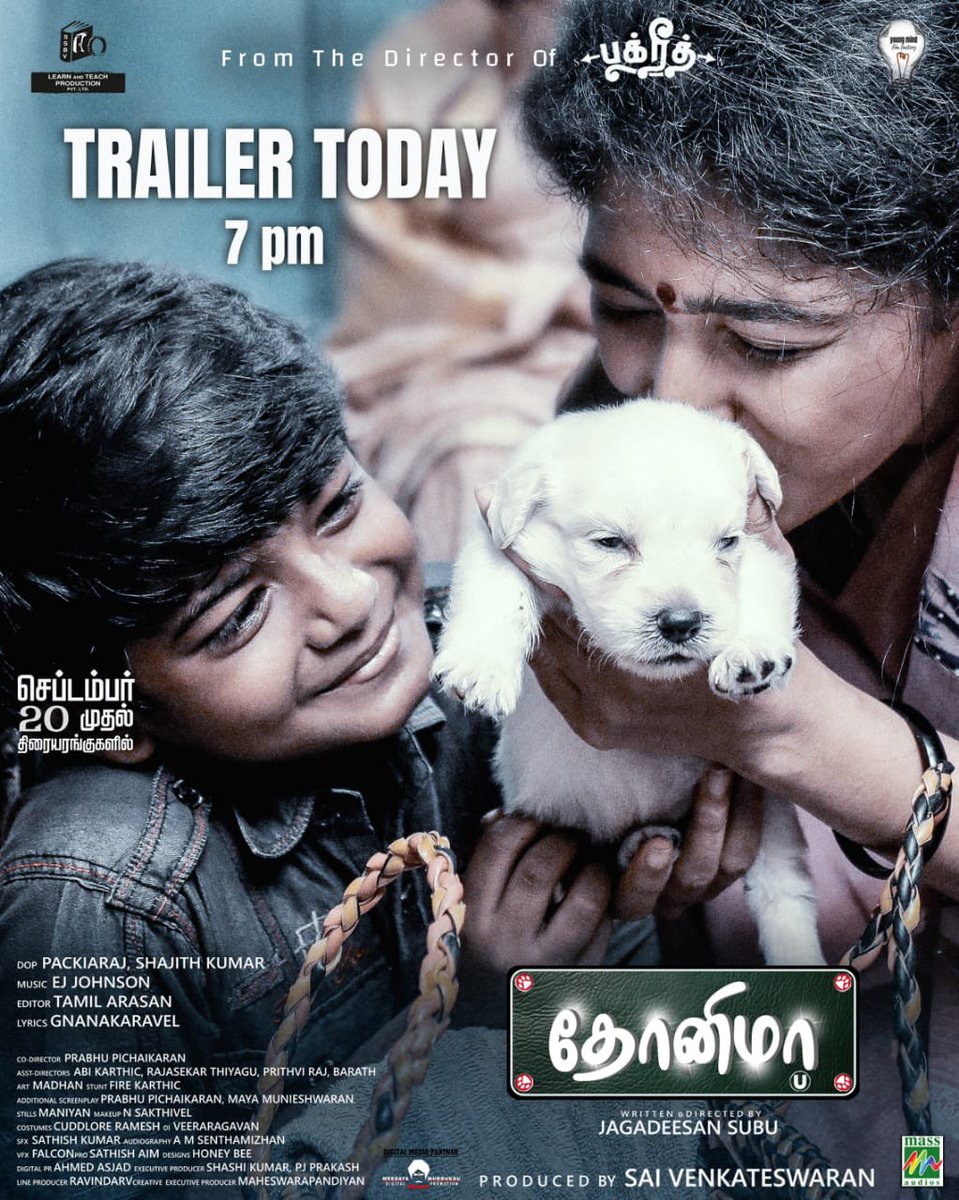 Mass Audios (@massaudios) on Twitter photo A soulful journey begins September 20th🐾🦮❤️
"Dhonima" Trailer From Today <a href="/7pm/">Huong Le</a> 🔥🔥🔥
Only 5 Days to go for #Dhonima
From the Director of "BAKRID" <a href="/Jagadeesan_subu/">Jagadeesan Subu</a>
Produced by- <a href="/LearnNteachProd/">LEARN AND TEACH PRODUCTION</a>
<a href="/kaaliactor/">Kaali Venkat</a> <a href="/roshiniprakash_/">Roshini Prakash</a> <a href="/actorvivekpra/">Actor Vivek Prasanna</a> A soulful journey begins September 20th🐾🦮❤️
"Dhonima" Trailer From Today <a href="/7pm/">Huong Le</a> 🔥🔥🔥
Only 5 Days to go for #Dhonima
From the Director of "BAKRID" <a href="/Jagadeesan_subu/">Jagadeesan Subu</a>
Produced by- <a href="/LearnNteachProd/">LEARN AND TEACH PRODUCTION</a>
<a href="/kaaliactor/">Kaali Venkat</a> <a href="/roshiniprakash_/">Roshini Prakash</a> <a href="/actorvivekpra/">Actor Vivek Prasanna</a>