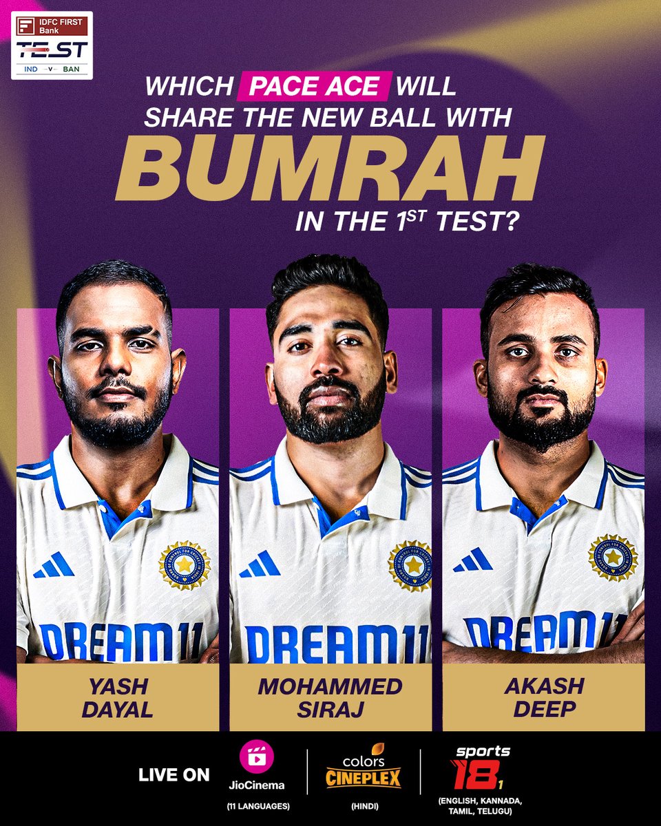 HotstarReality's tweet photo. The lethal Indian pace battery is gearing up for the home season 🔥
Tell us your pick to partner Jasprit Bumrah in the #INDvBAN Test series 👇
#JioCinemaSports #IDFCFirstBankTest https://t.co/tJjHioZfhL