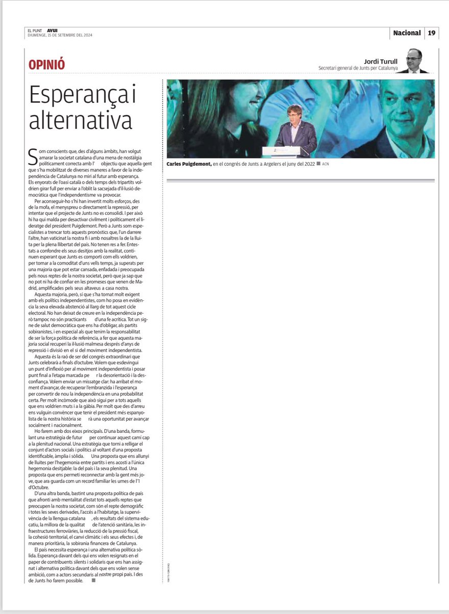 Jordi Turull i Negre (@jorditurull) on Twitter photo “Esperança i alternativa”. L’article d’opinió a <a href="/elpuntavui/">El Punt Avui 🎗️</a> on exposo el què i el perquè del procés congressual que fem a <a href="/JuntsXCat/">Junts per Catalunya🎗</a> des d'ara fins a finals d'octubre.
elpuntavui.cat/opinio/article… “Esperança i alternativa”. L’article d’opinió a <a href="/elpuntavui/">El Punt Avui 🎗️</a> on exposo el què i el perquè del procés congressual que fem a <a href="/JuntsXCat/">Junts per Catalunya🎗</a> des d'ara fins a finals d'octubre.
elpuntavui.cat/opinio/article…