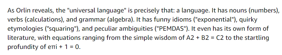 I have no doubt that @Benorlin's new book (Math for English Majors) will be excellent (as all his others have been), but it's a pity that Amazon don't render equations correctly in their blurb: