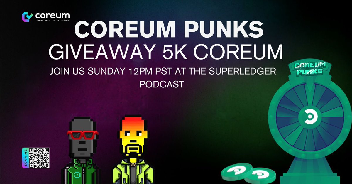 NftEvolutionz's tweet image. 🚨 Quick reminder that the #coreumpunks team will be live TODAY at 8PM BST on the Superledger podcast! 🎙️
Don&apos;t miss your chance to win 5,000 Coreum tokens in the giveaway and hear all the updates! 🔥