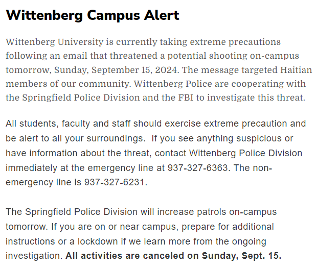 BNODesk's tweet photo. Wittenberg University in Springfield, Ohio says someone has threatened to shoot Haitians on campus. All events canceled https://t.co/QvYbNRYH6C