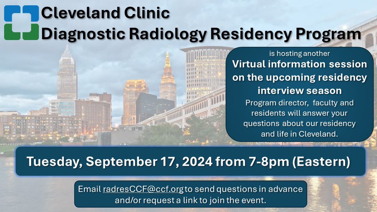 Dr Joe Veniero (@drjveniero) on Twitter photo It was great meeting some of you at our first Q&A last week!
Our residency will be hosting another virtual info session.
#FutureRadRes #Match2025
When: Tues, Sept 17, 2024, 7-8pm (Eastern)
Email radresCCF@ccf.org for a link.
Join us to learn more about our residency program! It was great meeting some of you at our first Q&A last week!
Our residency will be hosting another virtual info session.
#FutureRadRes #Match2025
When: Tues, Sept 17, 2024, 7-8pm (Eastern)
Email radresCCF@ccf.org for a link.
Join us to learn more about our residency program!