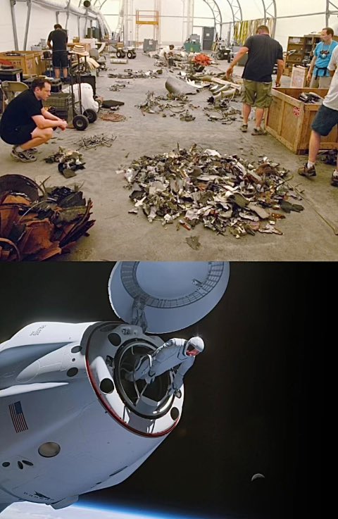 In the first photo, <a href="/elonmusk/">Elon Musk</a> stands over the wreckage of Falcon 1 after its first of three failed launches—setbacks that nearly bankrupted both SpaceX and Tesla.

In the second, just a few days ago, SpaceX achieved its first commercial spacewalk.

18yrs… 

Persistence pays off.