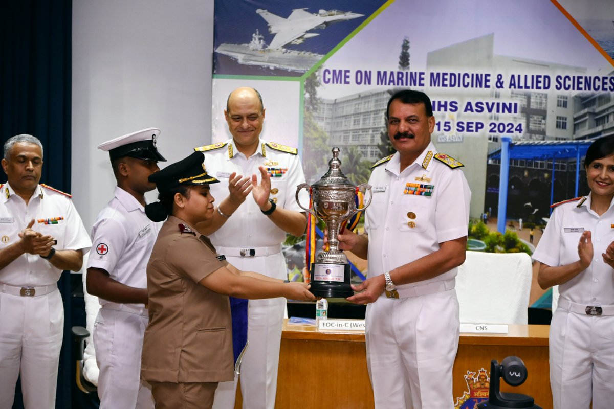 IN_WNC's tweet photo. The 39th Annual Conference of the Marine Medicine Society, themed ‘The Future of Maritime Healthcare: Innovation & Solution,’ was inaugurated by Adm Dinesh K Tripathi, #CNS, at INHS Asvini on 14 Sep. Dignitaries including VAdm Sanjay J Singh, FOCINC #WNC and Surg VAdm Arti Sarin, #DGMS (Navy), attended the opening ceremony of the event.

The conference highlights critical areas in naval medicine, such as submarine, diving, and hyperbaric medicine, fostering collaboration and knowledge exchange among medical professionals. Officers from the Indian Armed Forces Medical Services and over 450 delegates, including participants from friendly foreign navies attending in person and online.

@SpokespersonMoD
@HQ_IDS_India
@indiannavy
@dgafms_mod
@Indiannavymedia
@DefPROMumbai