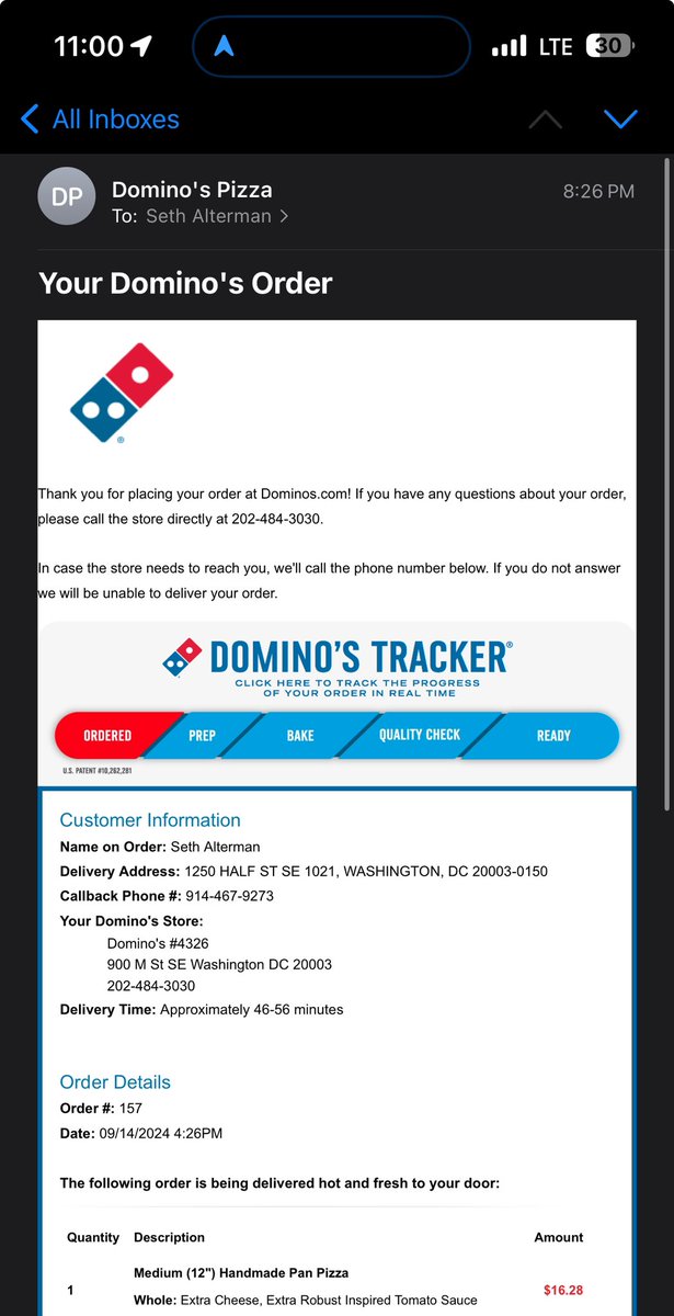 sethalterman25's tweet photo. @dominos earlier this evening- Saturday 9/14/24 I ordered from your store at 900 M street SE in Washington DC.  I placed my order at 8:26pm. I DID NOT receive my order till over 2 hours later at 10:36 and to add insult to injury. It was THE WRONG DAMN PIZZA. Horrendous. DO BETTER https://t.co/tDUddnbYDK