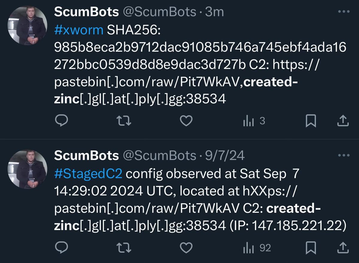 pmelson's tweet photo. Itβs rare for @ScumBots to see both the #StagedC2 file and the malware binary that uses it, but this week that happened. The C2 config was almost a whole week ahead of the payload. https://t.co/kgWEvDlkhI