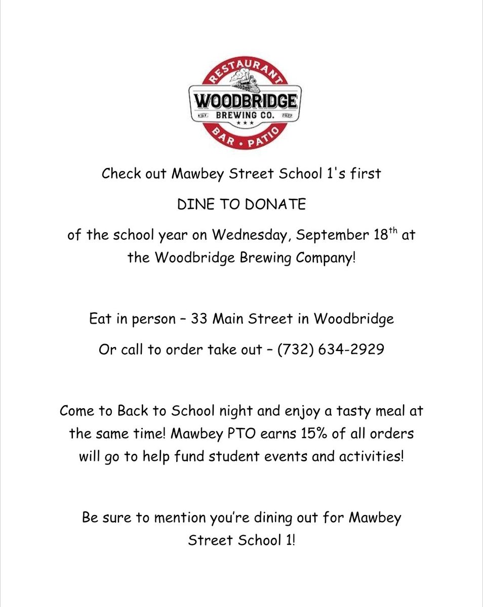 Back to School night is right around the corner and so is our first Dine to Donate! Stop by Woodbridge Brewing before or after meeting your child's teacher! Schedule too crazy to dine out? Order take out! Just make sure to mention you're ordering with Mawbey St School fundraiser!