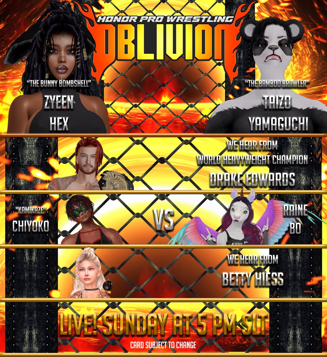 🚨ONE HOUR WARNING🚨

HPW is LIVE with Sunday Night OBLIVION at 5pmSLT! We have a lot in store for you guys including a pre-show that starts in just 45 minutes!

#SecondLife LM: 🌐
maps.secondlife.com/secondlife/Ser…