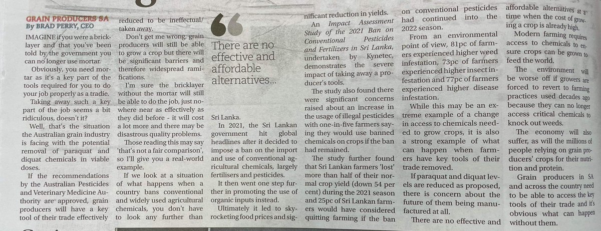 Grain Producers SA (@grainproducersa) on Twitter photo In this week’s <a href="/stockjournal/">Stock Journal</a> column, our CEO <a href="/BPerry0410/">Brad Perry</a> describes the serious ramifications facing the grain industry, and agriculture more broadly, if viable access to paraquat and diquat is removed in Australia In this week’s <a href="/stockjournal/">Stock Journal</a> column, our CEO <a href="/BPerry0410/">Brad Perry</a> describes the serious ramifications facing the grain industry, and agriculture more broadly, if viable access to paraquat and diquat is removed in Australia