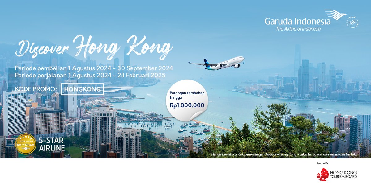 IndonesiaGaruda's tweet photo. Saatnya menjelajahi Hong Kong bersama keluarga! ✈️

Temukan wisata menarik dan pengalaman liburan tak terlupakan, serta dapatkan harga spesial dan tambahan potongan hingga 30 September 2024.

Info lengkap: https://t.co/jANTzZIySF

#GarudaIndonesia
#BecauseYouMatter
#HongKong https://t.co/y40NYeGf2I