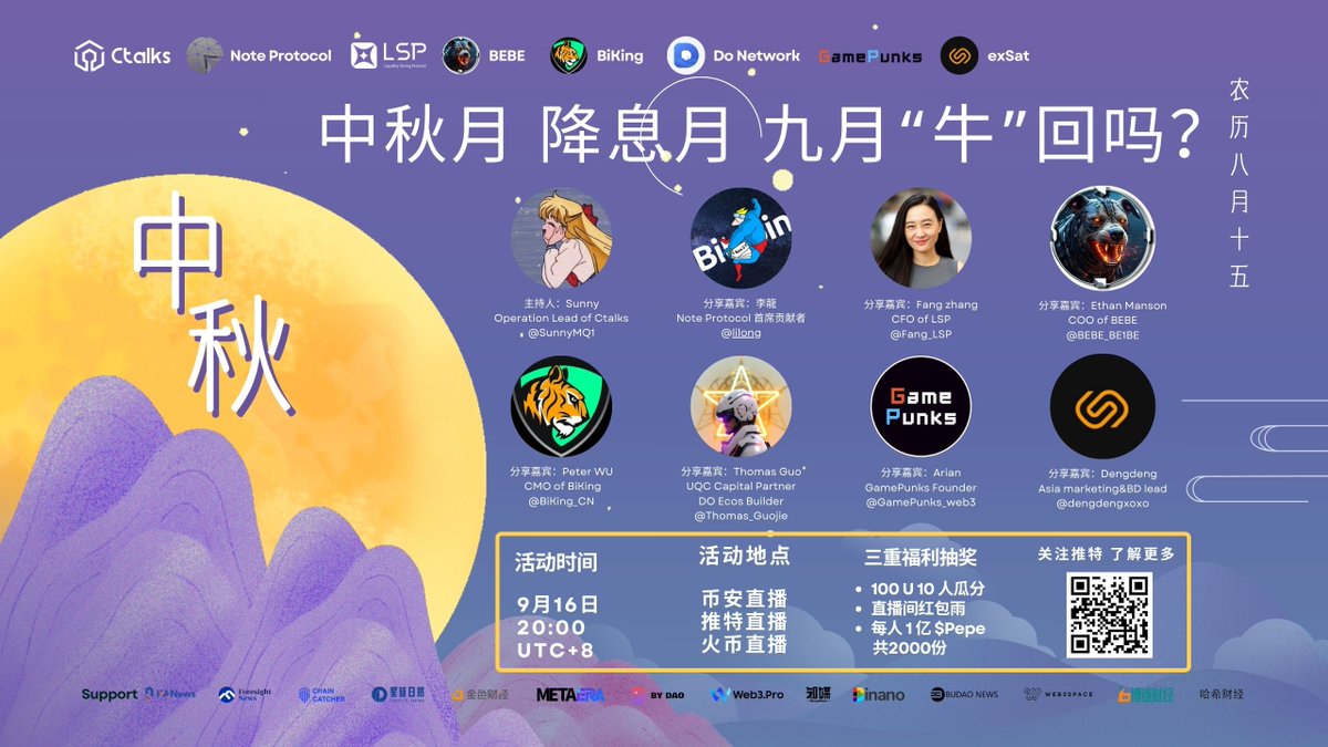 ❤️‍🔥❤️‍🔥Ctalks 中秋节专场大型活动和大家见面啦！
🔥🔥中秋月，降息月，九月“牛”回吗？🔥🔥

🎁🎁活动三重福利抽奖：
1️⃣100 U 10 人瓜分
2️⃣直播间红包雨
3️⃣每个账户 1 亿 $Pepe, 共2000份

🔑🔑大家需要：
1️⃣关注本推文下方推特
2️⃣点赞转发本条推文
3️⃣评论区留下中秋祝福

‼️100U