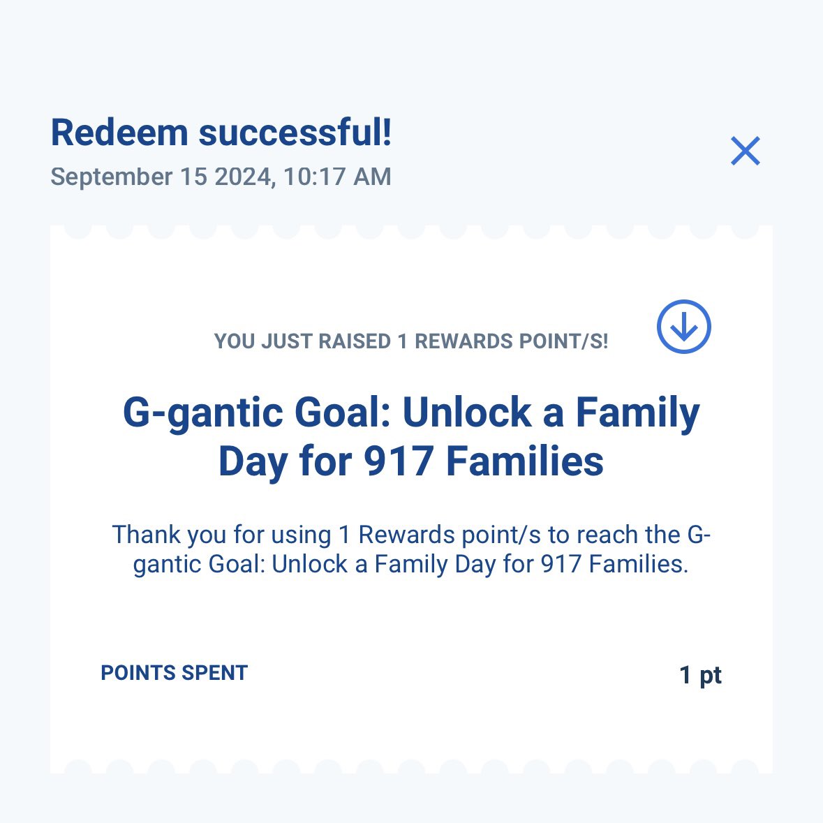 eldridgemyles's tweet photo. Almost there -- 96% of Goal Reached!

For only 1 point, we can reach the G-gantic Goal and unlock a Family Day for 917 families. #GDayEveryday

Only 5 days left! Check it out in GlobeOne: https://t.co/fD2Y4joLxK https://t.co/d7AKe0I410