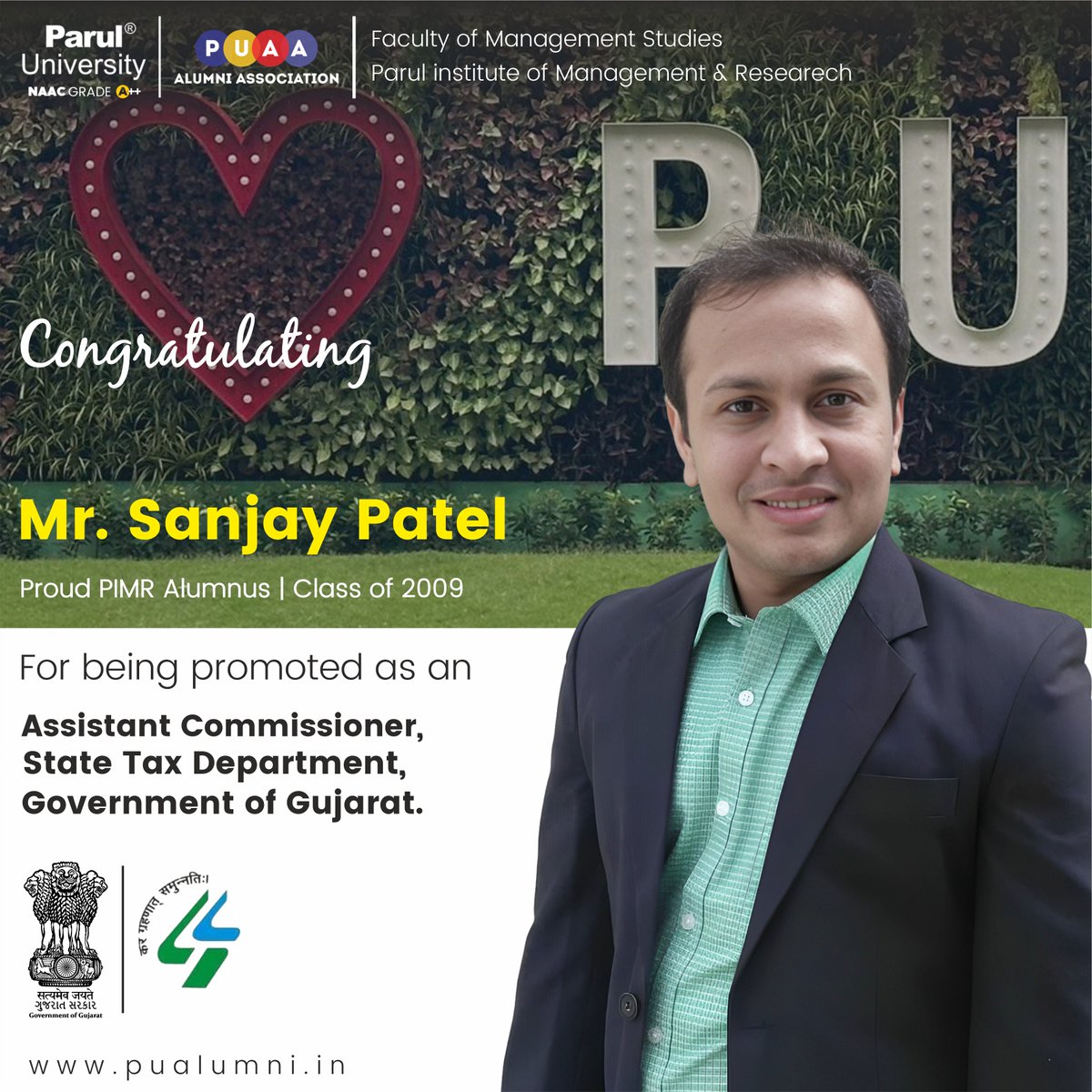 ParulAlumni's tweet photo. Parul University Alumni Association congratulates Mr. Sanjay Patel, a distinguished PIMR alumnus from class of 2009 for being promoted to Assistant Commissioner in the State Tax Department, Government of Gujarat.
#PUPride
#PIMR #Classof2009
#PUAlumniAssociation
#ParulUniversity https://t.co/Sps9MPcfMp
