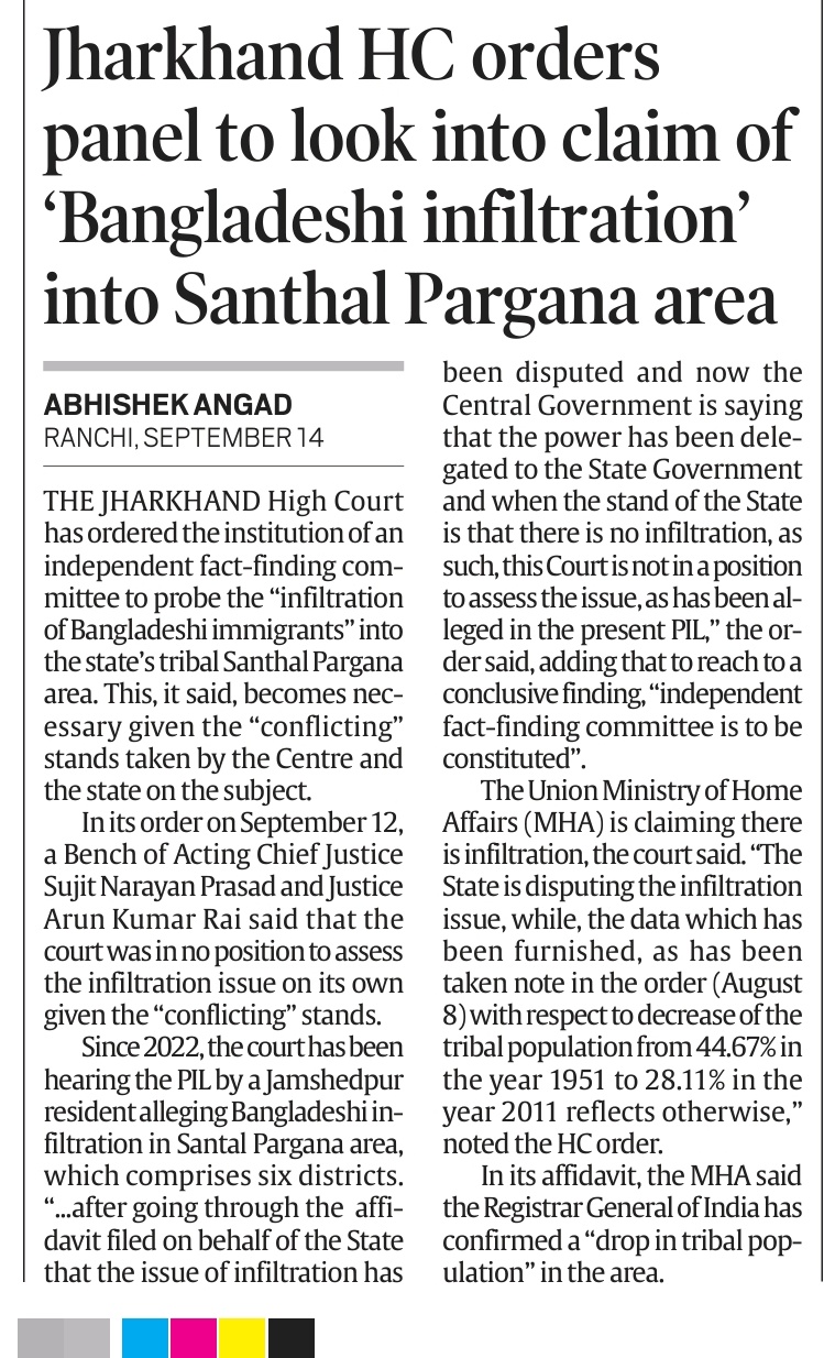 Abhishek Angad on X: "Jharkhand High Court: Form an 'independent fact finding body' to probe Bangladeshi Infiltration in Santal Pargana due to 'conflicting' stand of Centre & State. MHA had earlier said