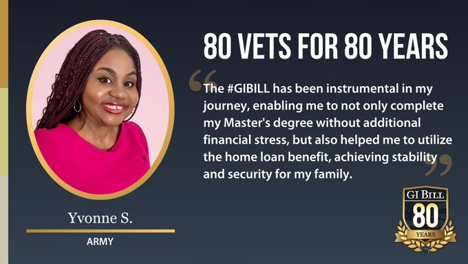 MDVAHCS's tweet image. As an immigrant &amp;amp; Army Veteran, Yvonne is grateful for the sacrifices she made serving her country. The #GIBill enabled her to complete her Master's degree without additional financial stress &amp;amp; the home loan benefit gave stability. #VeteranSuccess #80Vetsfor80Years #IUsedMyGIBill