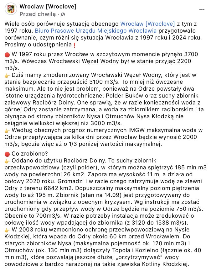 wroclaw_info's tweet photo. Wiele osób porównuje sytuację obecnego Wrocławia z tym z 1997 roku. @BiuroPrasoweUMW przygotowało porównanie, czym różni się sytuacja Wrocławia z 1997 roku i 2024 roku. 
Prosimy o udostępnienia❗️ https://t.co/Xhuav7JLvm