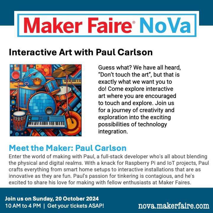 _homemaker's tweet image. Guess what? We have all heard, “Don’t touch the art”, but that is exactly what we want you to do! Come explore interactive art where you are encouraged to touch and explore. Join us @makerfairenova Sun, 20 Oct: 10 AM-4 PM at @AlexCityTitans, get tickets: nova.makerfaire.com/tickets/