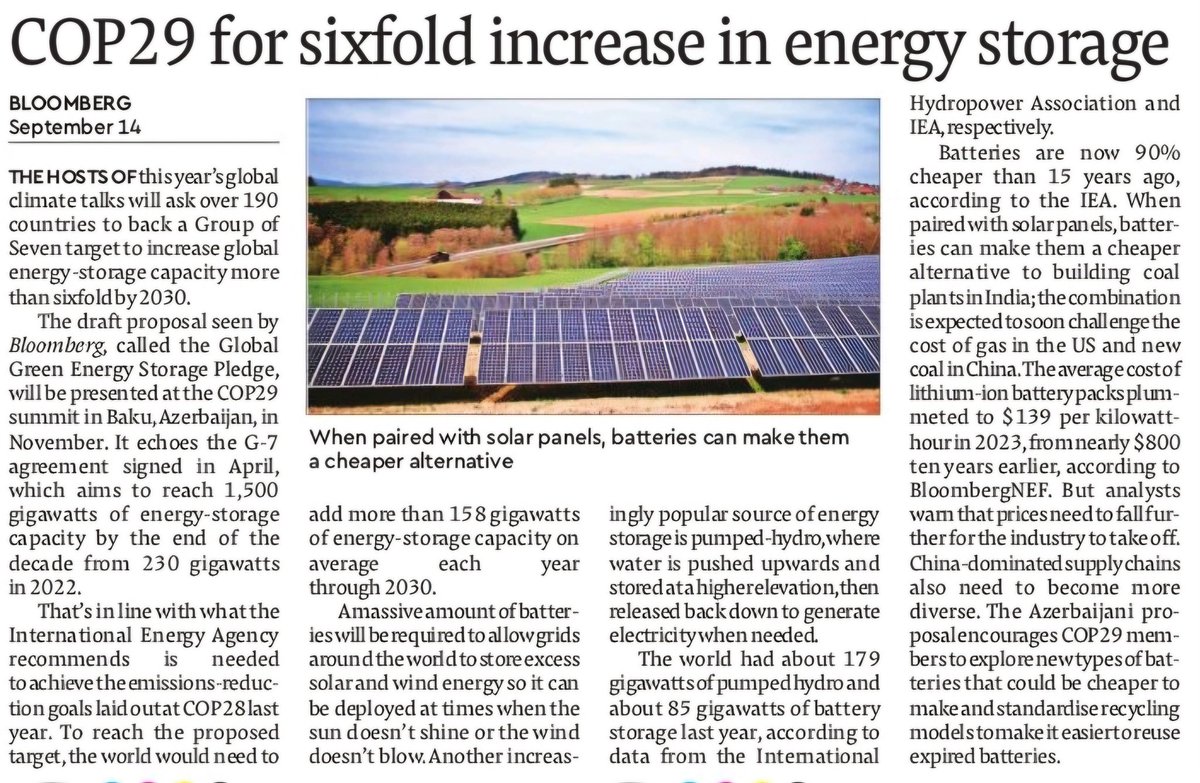 vishan_khadke's tweet image. Energy storage capacity (BESS + Pumped Hydro) to increase 6x by 2030 from 264 GW in 2023 to 1500 GW.

World needs to add 158 GW per year to achieve this target.

Avg cost of Li-ion batteries have come down to $139 kw/hr from $800 kw/hr 10 yrs back.

#bess #pumpedhydro