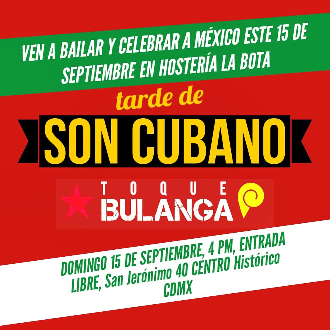 Recuerda que abrimos el 15 de septiembre, de 1:00 pm a 1:30 am. Y A LAS 4:00 PM, @toquebulanga con su deliciosa salsa para celebrar las fiestas patrias. ¡Te esperamos con muchísimas delicias mexicanas y nuestro ya famoso chile en nogada! #venalabota