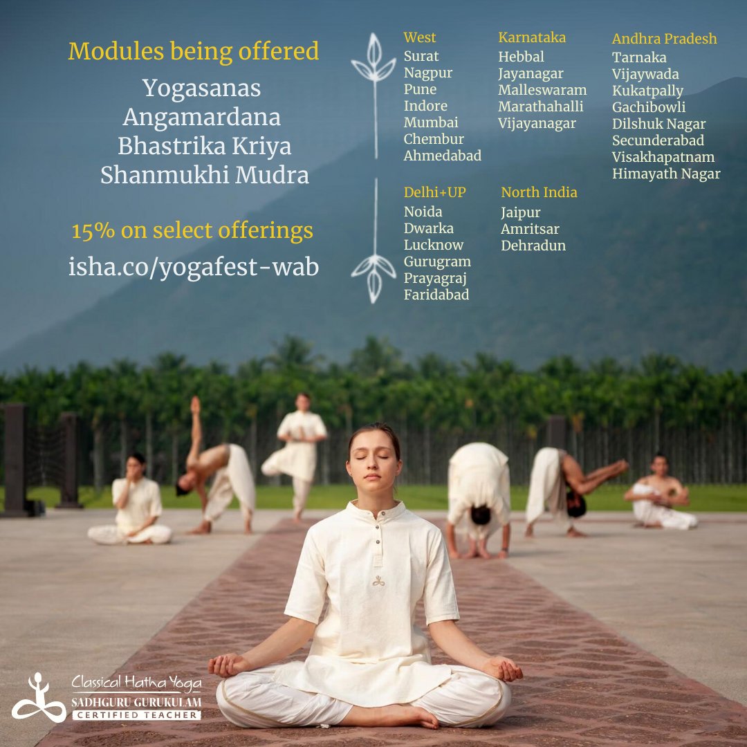 ishafoundation's tweet photo. Hatha Yoga Teachers certified by Sadhguru Gurukulam will offer several Classical Hatha Yoga programs at centers across Bharat from 25 - 29 September.

Learn More &amp; Register: https://t.co/DvJdICO9DO

#HathaYoga #SadhguruGurukulam https://t.co/vael5UpSwc