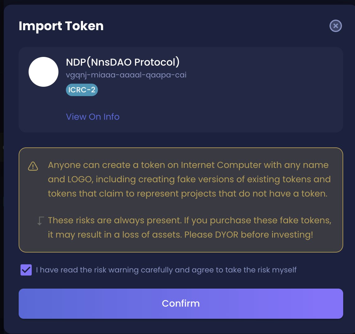 NnsDaos's tweet photo. Thanks to @ICPSwap team, they helped Nnsdao to solve the problem of adding tokens, go to the wallet page, click on add new tokens, enter canister id: vgqnj-miaaa-aaaal-qaapa-cai, next and then confirm the import, and you will see the ndp based on ICRC2. A new era is coming. In addition, in @plugwallettech @ME_WALLET_ ,  it can not see the token yet, we're contacting the Plugwallet&Mewallet team to solve this problem.