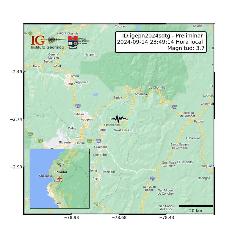 IGecuador's tweet photo. #SISMO ID:igepn2024sdtg Preliminar 2024-09-14 23:49:14 TL Magnitud: 3.7 Profundidad: 104 km, a 11.14 km de Paute, Azuay, Latitud: -2.74 Longitud:-78.68 Ecuador. Sintió este sismo? https://t.co/drOZlcq8vU