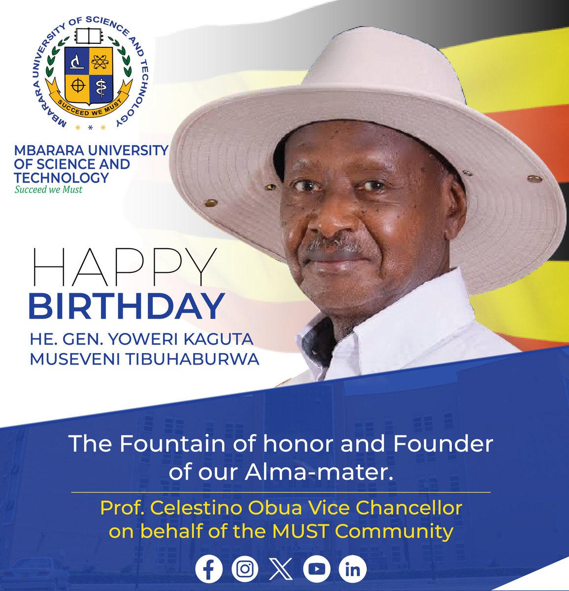 MbararaUST's tweet photo. Join us in celebrating the birthday of H.E. President Yoweri K. Museveni Tibuhaburwa, the visionary leader and founding pillar of @MbararaUST. 
We honor his dedication to education and the growth of our institution. Wishing him continued strength and success.

Read our special birthday tribute here: https://t.co/aHF4NMqzVB